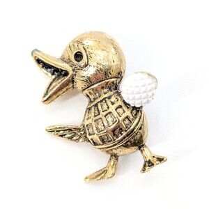 Duck with Shirt and Ball Gold Bronze Tone Vintage Brooch Pin